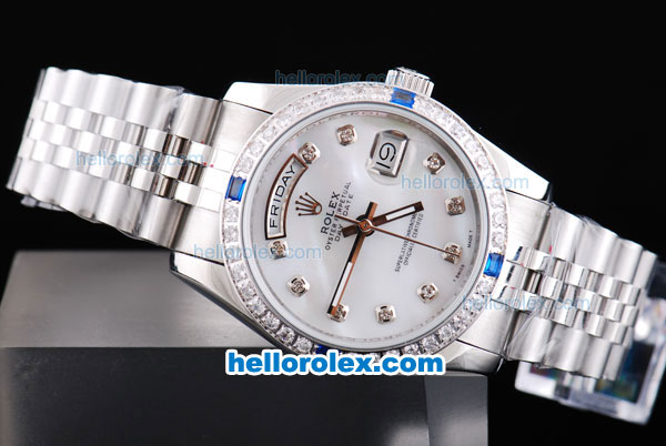 Rolex Day-Date Oyster Perpetual Automatic with Diamond Bezel,White MOP Dial and Diamond Marking-Big Calendar - Click Image to Close